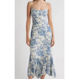 New Reformation Blue Cream Floral Pleated Midi Dress US 10
